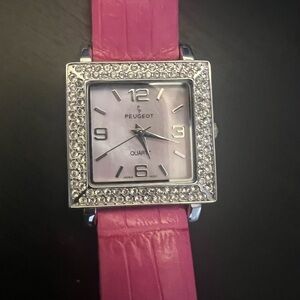Rare Vintage Peugeot Silver and Hot Pink Crystal Watch